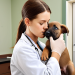 **

A very young puppy, around 6-8 weeks old, getting a vaccination at the vet. The vet is kind and gentle. The puppy is a light brown color. The veterinary clinic looks clean and modern.

**