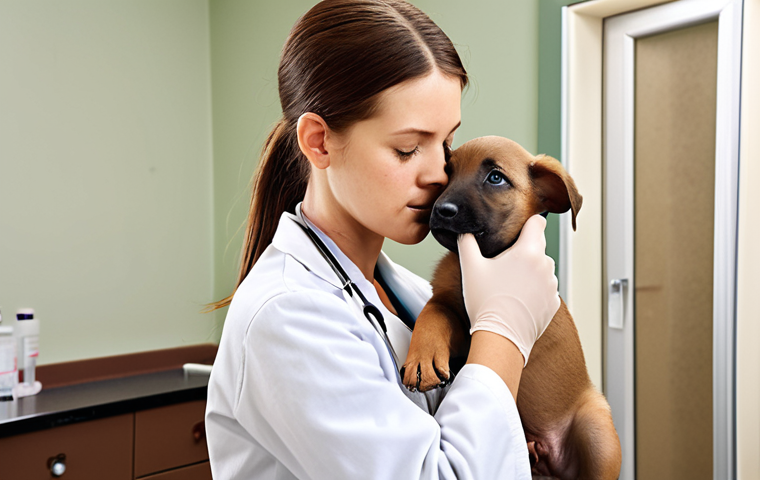 **

A very young puppy, around 6-8 weeks old, getting a vaccination at the vet. The vet is kind and gentle. The puppy is a light brown color. The veterinary clinic looks clean and modern.

**