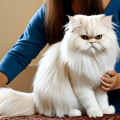 Grooming Session**

"A fully clothed woman gently brushing a long-haired Persian cat, safe for work, appropriate content, the cat is enjoying the grooming, natural lighting, living room setting, fully furnished, professional photography, perfect anatomy, correct proportions, well-formed hands, modest clothing, family-friendly, high quality, detailed fur texture."

**