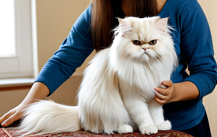 Grooming Session**

"A fully clothed woman gently brushing a long-haired Persian cat, safe for work, appropriate content, the cat is enjoying the grooming, natural lighting, living room setting, fully furnished, professional photography, perfect anatomy, correct proportions, well-formed hands, modest clothing, family-friendly, high quality, detailed fur texture."

**